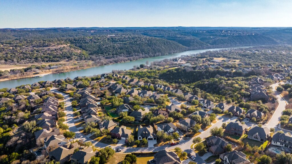 Aerial View of Palisades Section of Steiner Ranch with Lake Austin Behind it